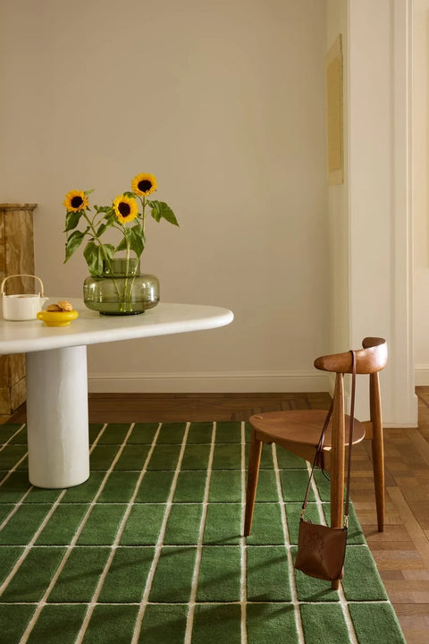 Check Olive Green Geometric Hand-Tufted Wool Rug - Image 1