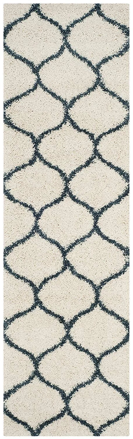 Morocco IVORY & BLUE Retro Collection Plush Shag Rug Runner Rug - Image 1