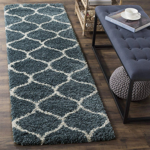 Morocco SLATE BLUE & IVORY Retro Collection Plush Shag Rug Runner Rug - Image 1