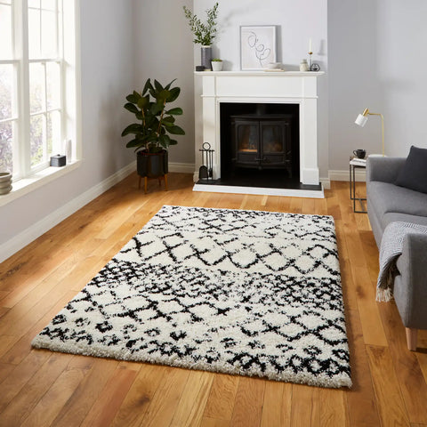 Scandi Trellis White & Black Retro Plush Shag Rug - Image 1