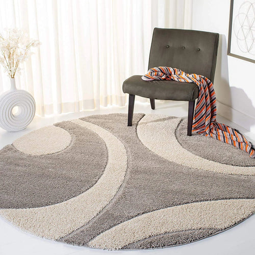 Augustan BEIGE & OFF IVORY Ripple Collection Plush Shag Rug Round Rug - Image 1