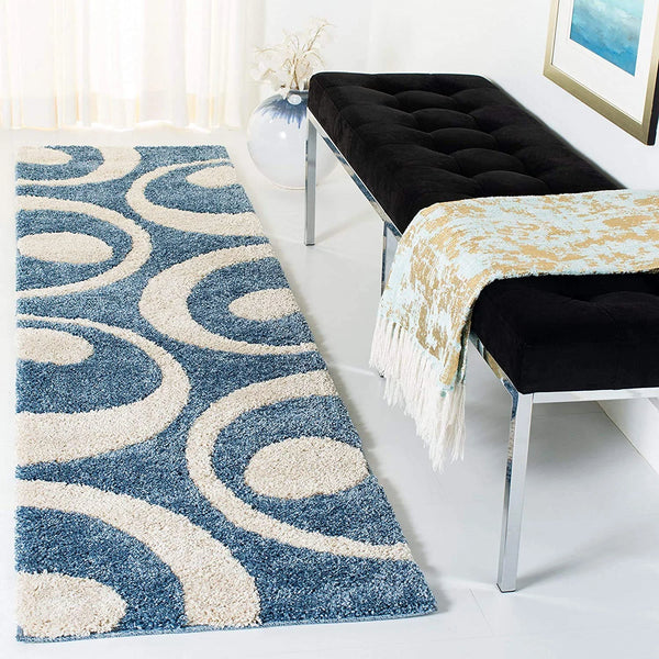 Augustan BLUE & IVORY Ripple Collection Plush Shag Rug Runner Rug - Image 1