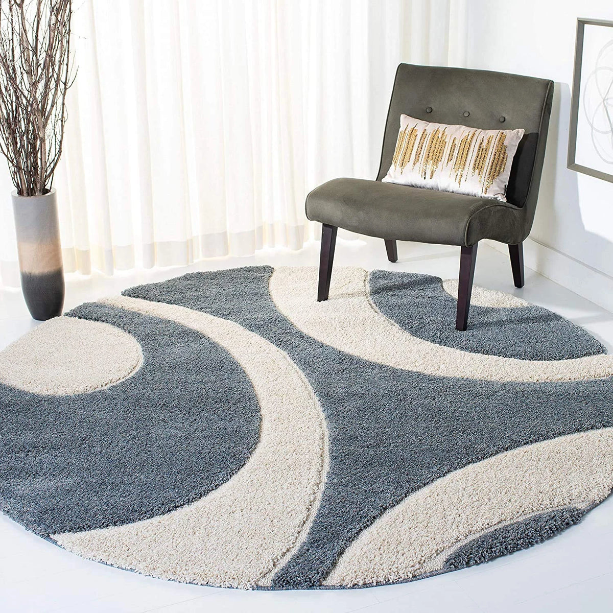 Augustan SLATE GREY Ripple Collection Plush Shag Rug Round Rug - Image 4