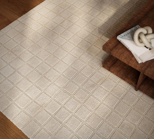 Check Block Grid Ivory Geometric Hand-Tufted Wool Rug - Image 1