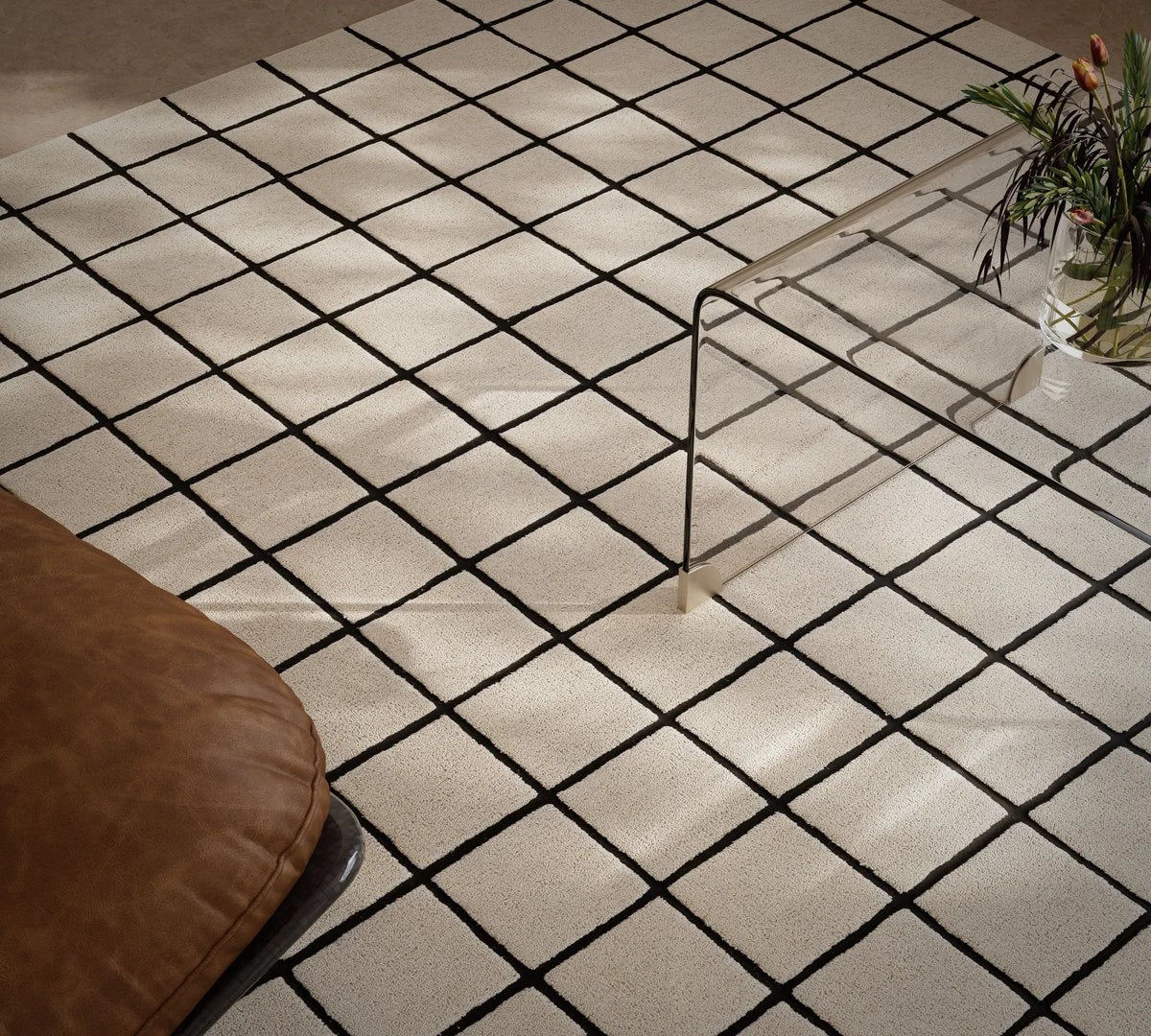 Check Fine Grid Ivory Geometric Hand-Tufted Wool Rug - Image 1