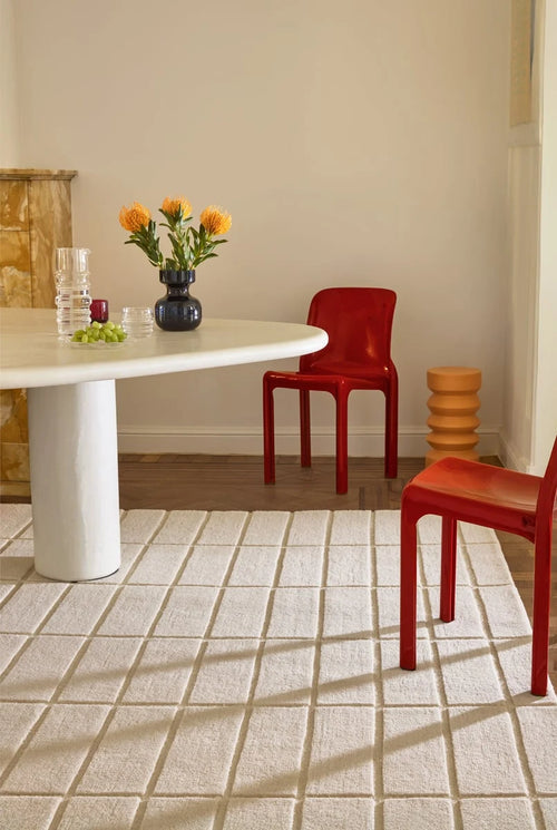 Check Natural White Geometric Hand-Tufted Wool Rug - Image 1