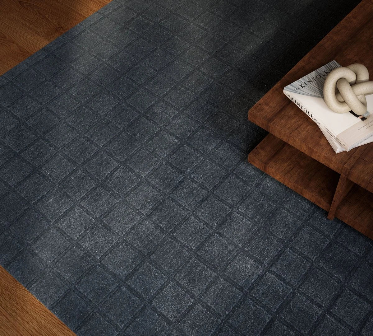 Check Navy Geometric Hand-Tufted Wool Rug - Image 1
