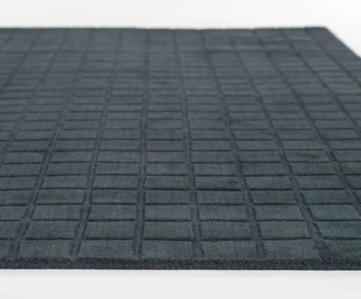 Check Navy Geometric Hand-Tufted Wool Rug - Image 3