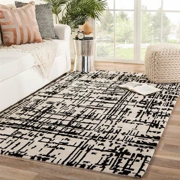 Clay CreamBlack Abstract Hand-Tufted Wool Rug - Image 1