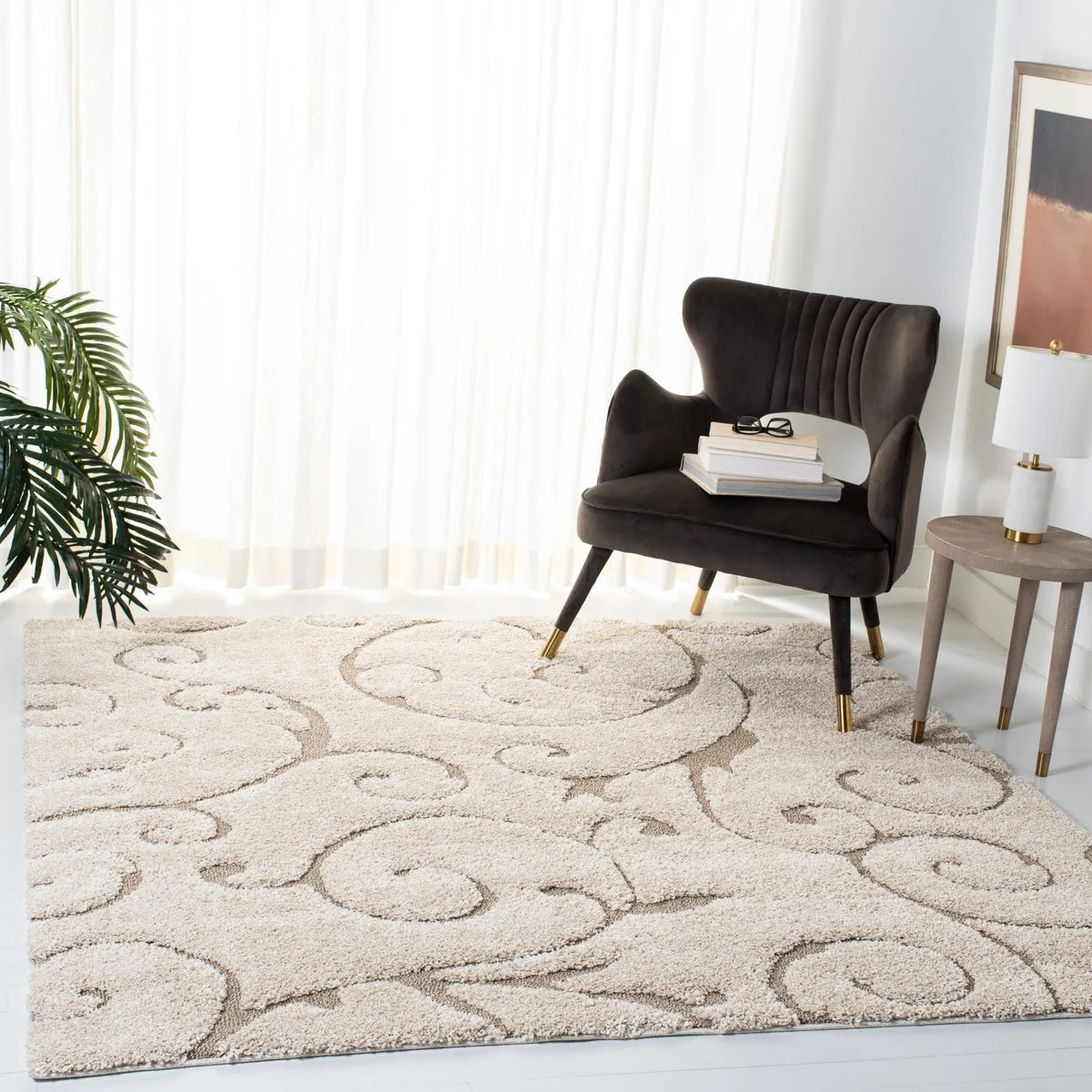 Florida Cream, Beige Floral Plush Shag Rug - Image 3