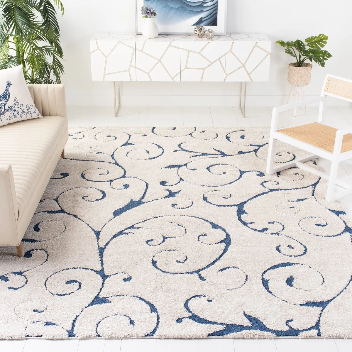 Florida Cream, Blue Floral Plush Shag Rug - Image 2