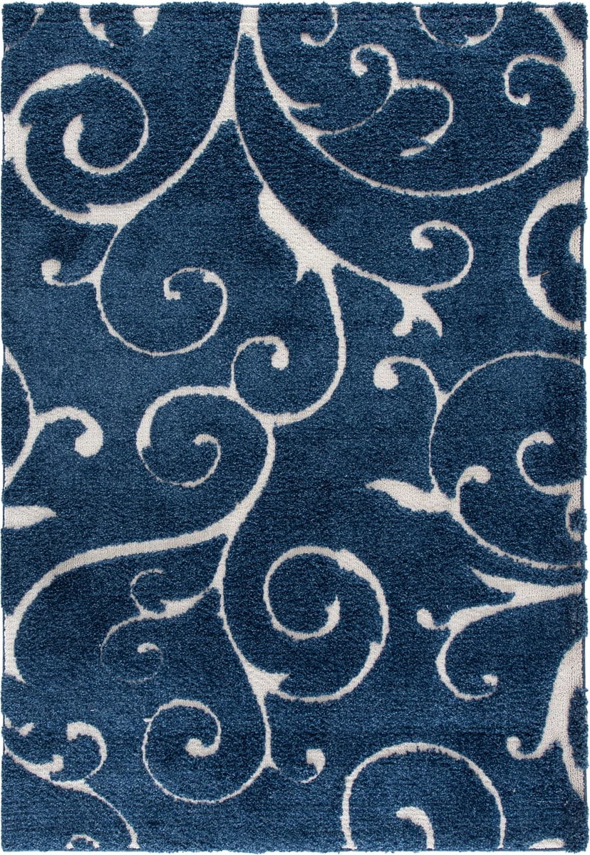 Florida Dark Blue, Cream Floral Plush Shag Rug - Image 1