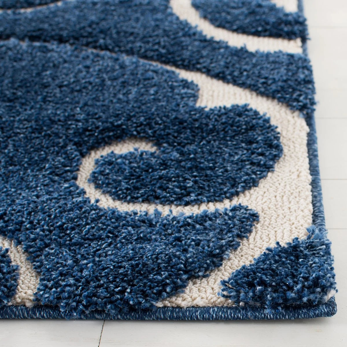 Florida Dark Blue, Cream Floral Plush Shag Rug - Image 3