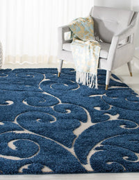 Florida Dark Blue, Cream Floral Plush Shag Rug - Image 4