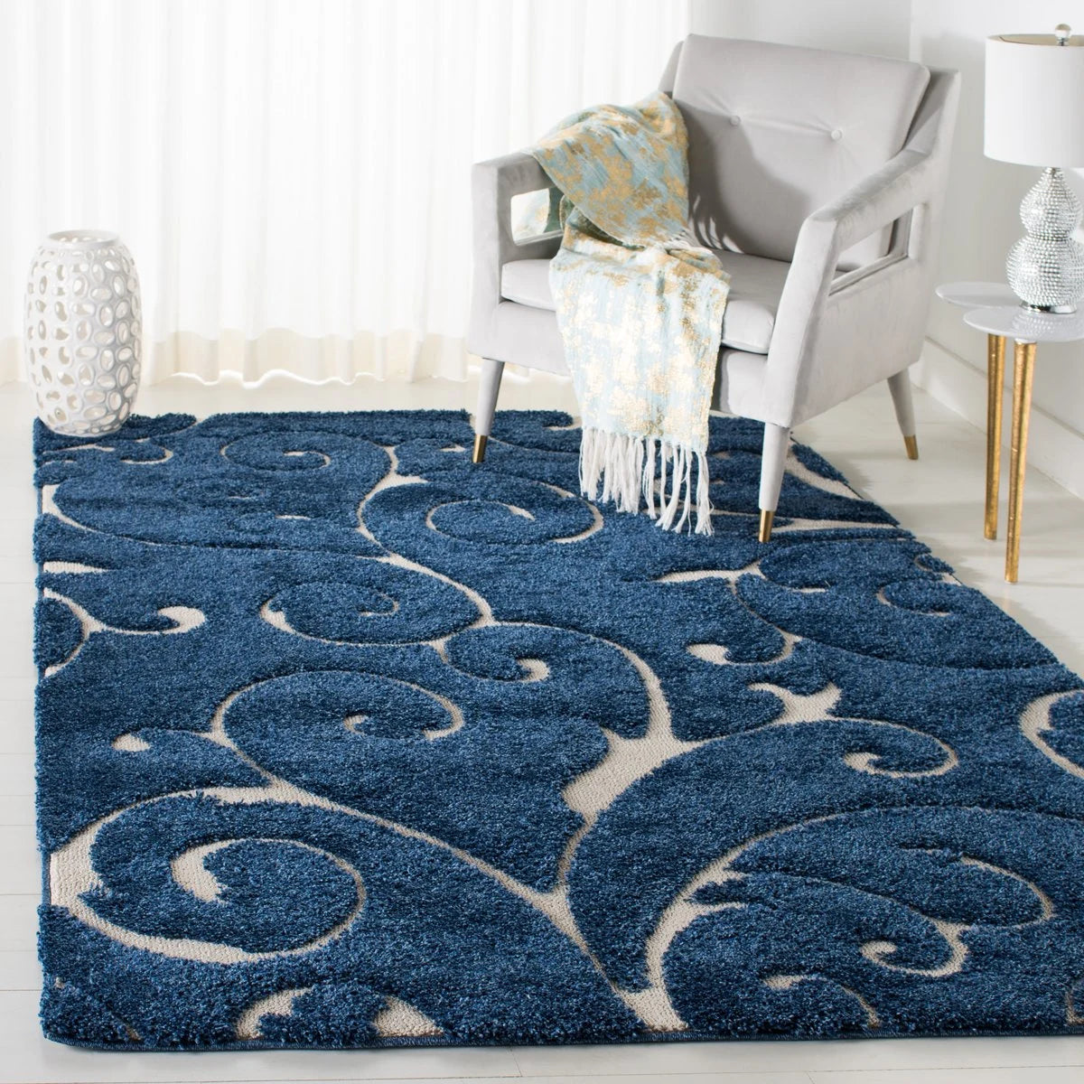 Florida Dark Blue, Cream Floral Plush Shag Rug - Image 4
