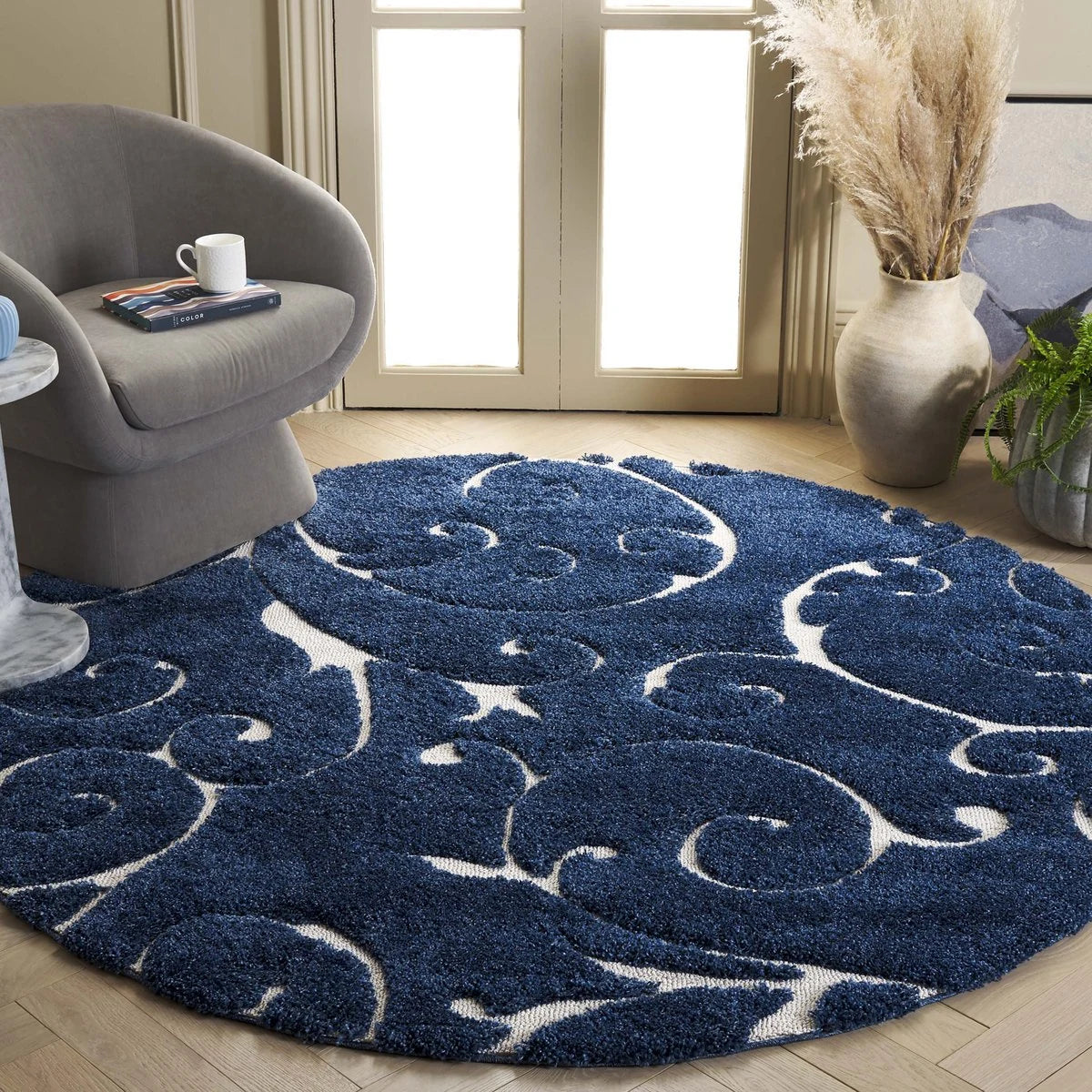 Florida Dark Blue, Cream Floral Plush Shag Rug - Image 6