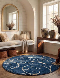 Florida Dark Blue, Cream Floral Plush Shag Rug - Image 7