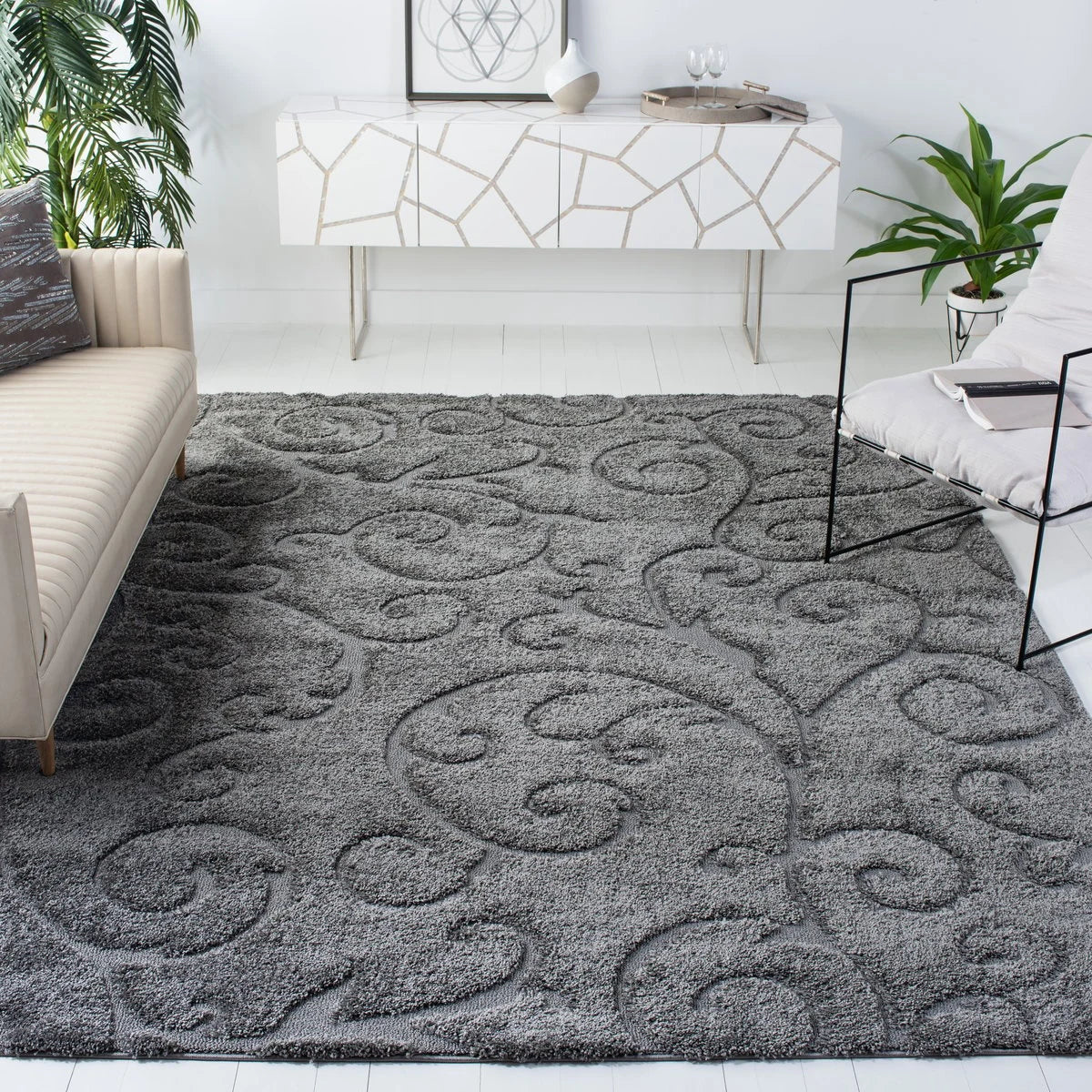 Florida Grey, Beige Floral Plush Shag Rug - Image 2