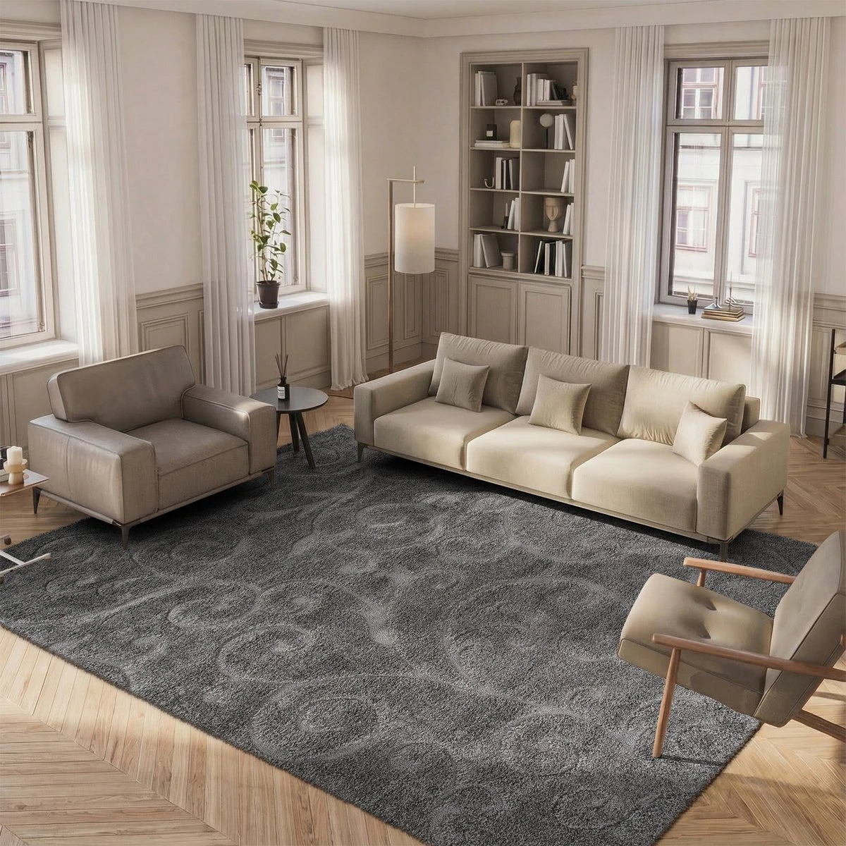 Florida Grey, Beige Floral Plush Shag Rug - Image 3
