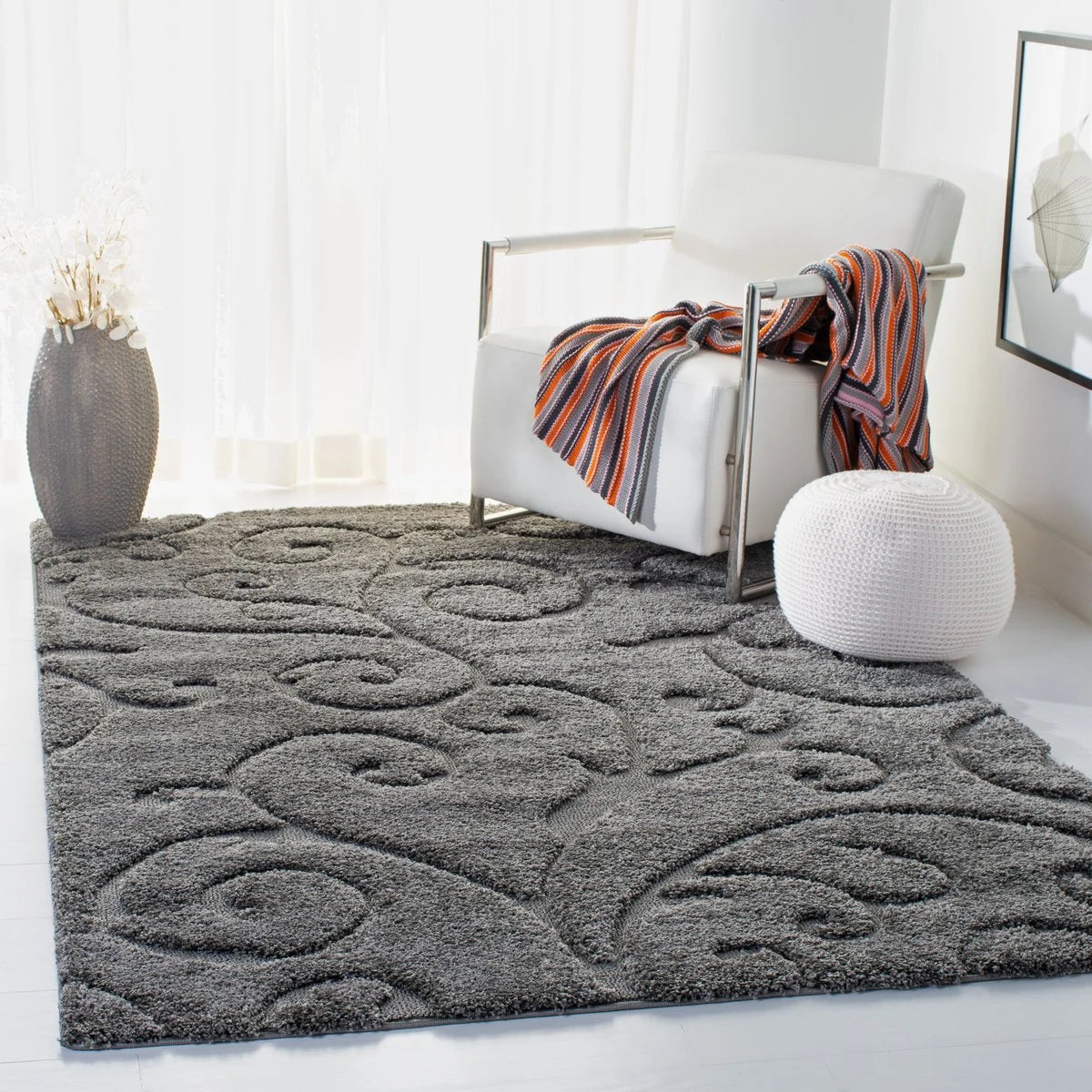 Florida Grey, Beige Floral Plush Shag Rug - Image 7