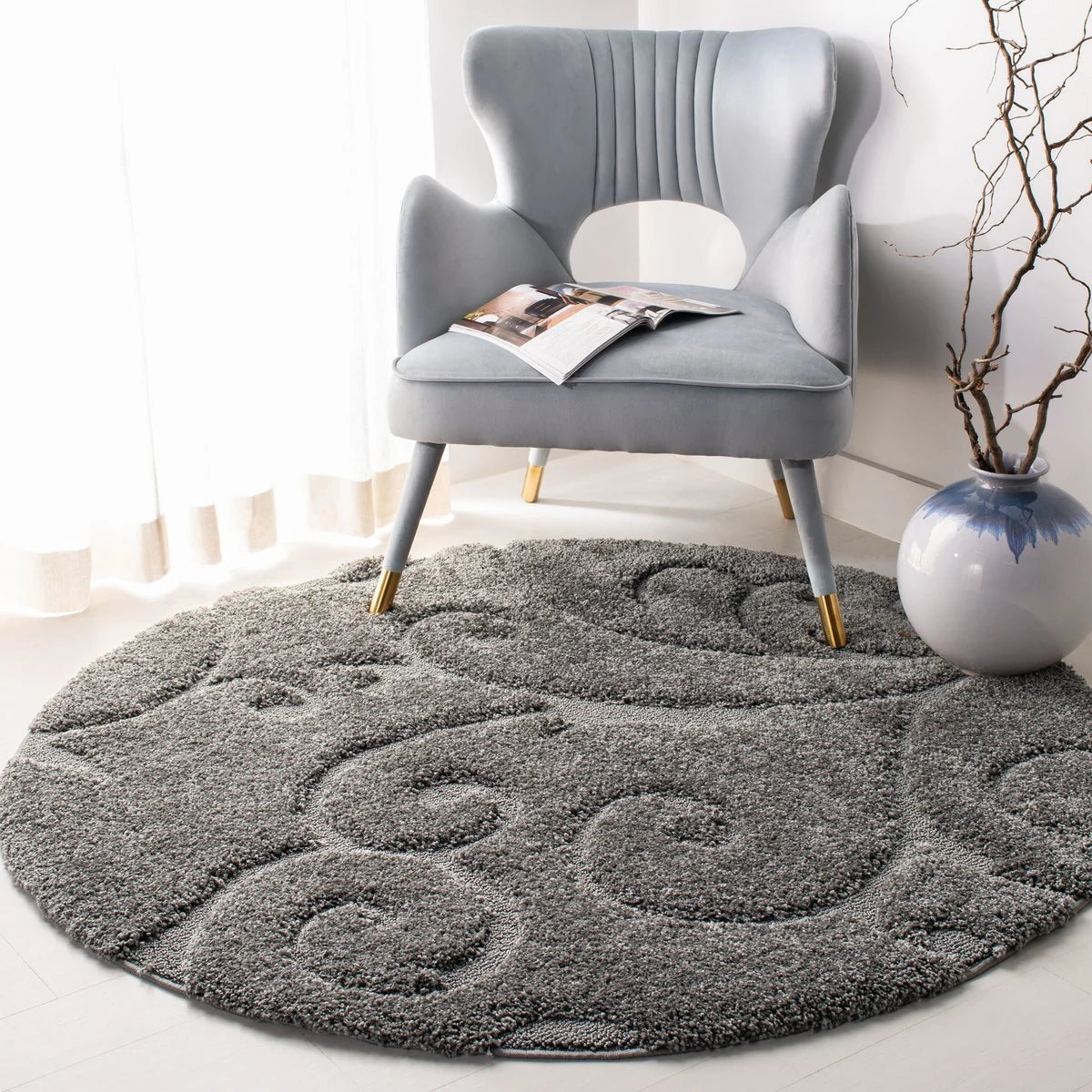 Florida Grey, Beige Plush Shag Rug Round Rug - Image 5