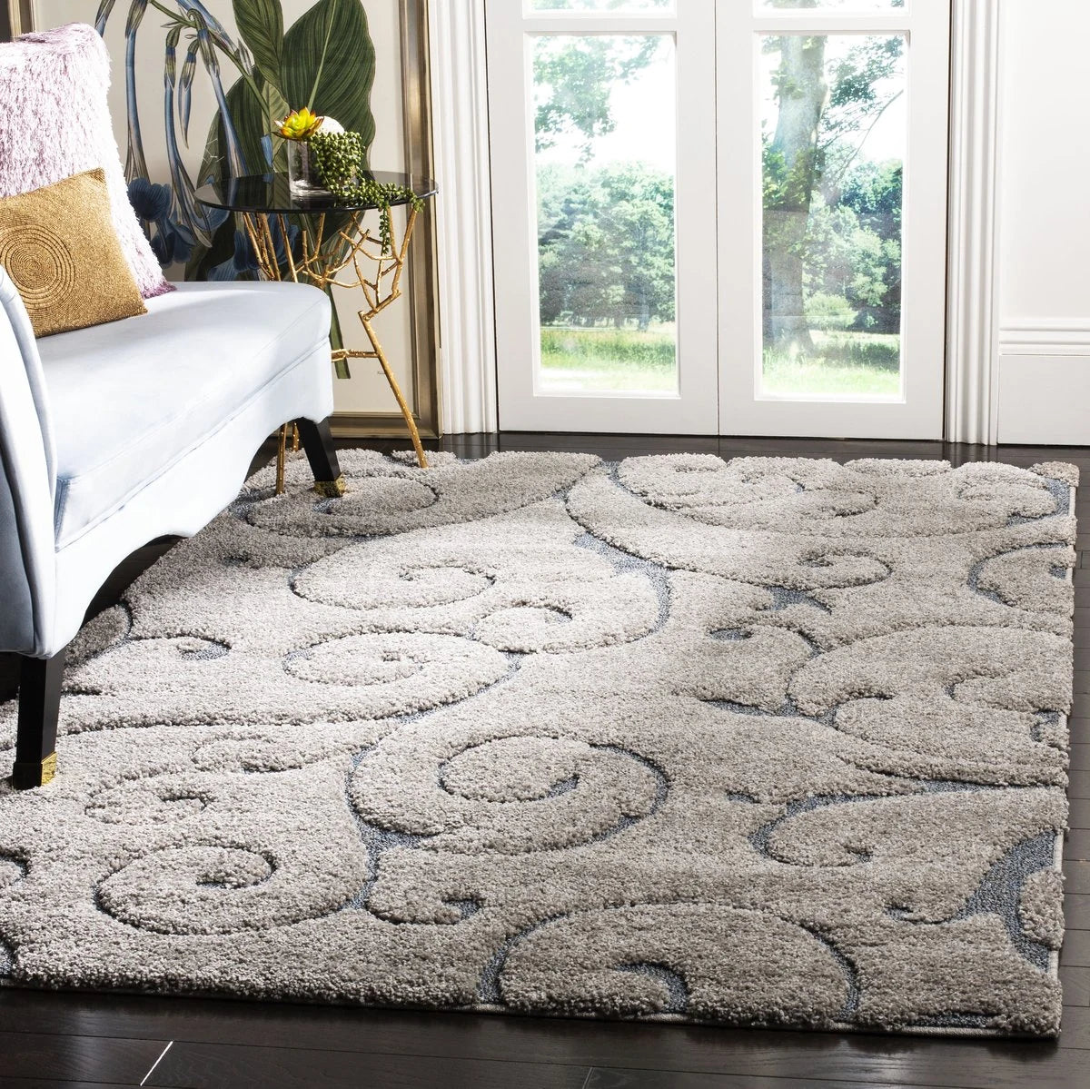 Florida Grey, Light Blue Floral Plush Shag Rug - Image 3