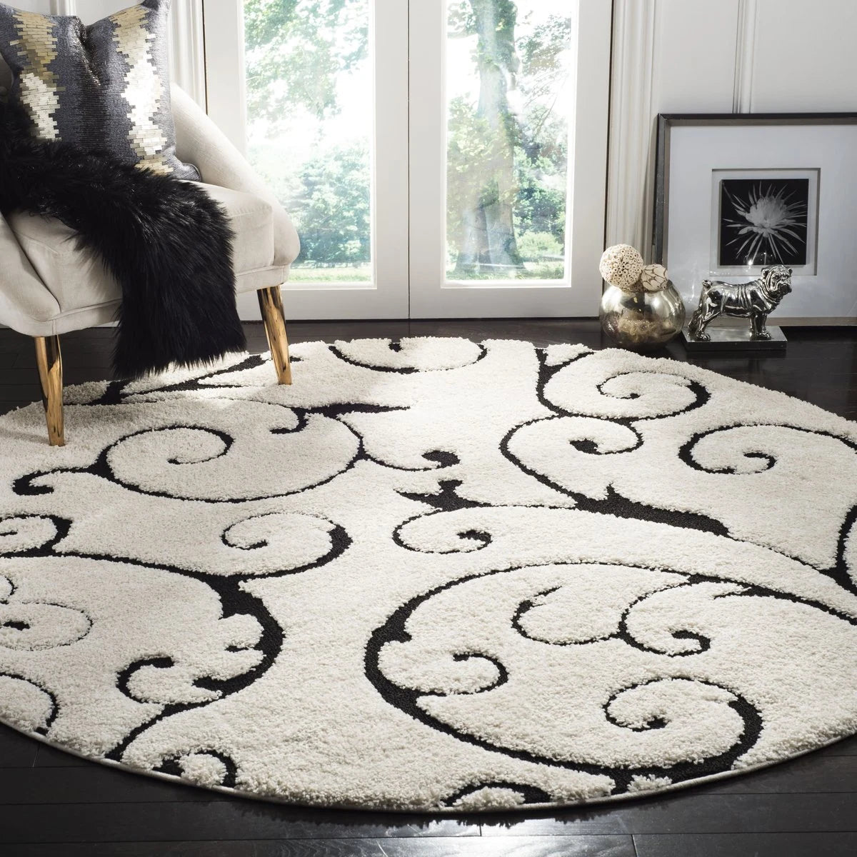 Florida Ivory, Black Floral Plush Shag Rug - Image 4