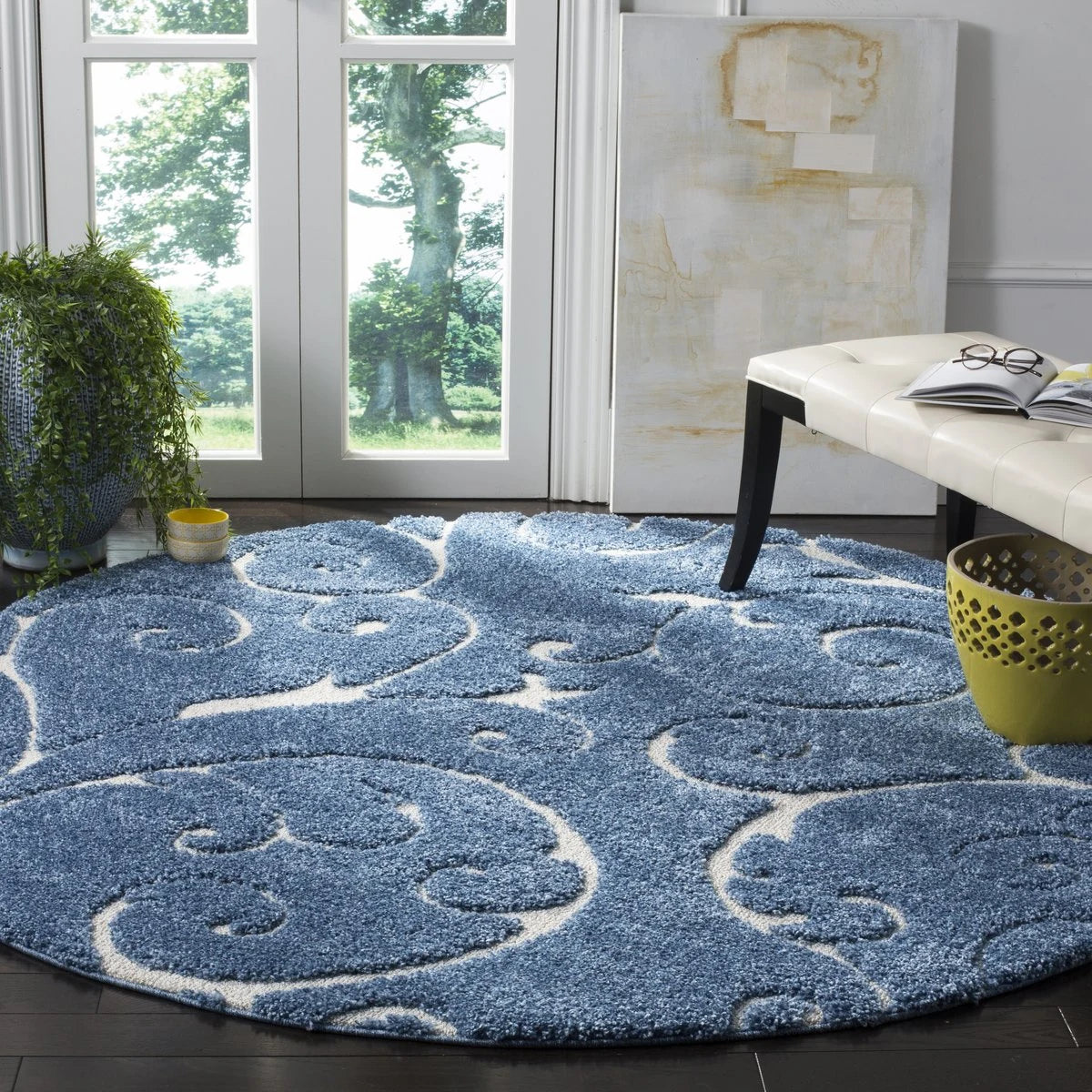 Florida Light Blue, Cream Floral Plush Shag Rug - Image 3