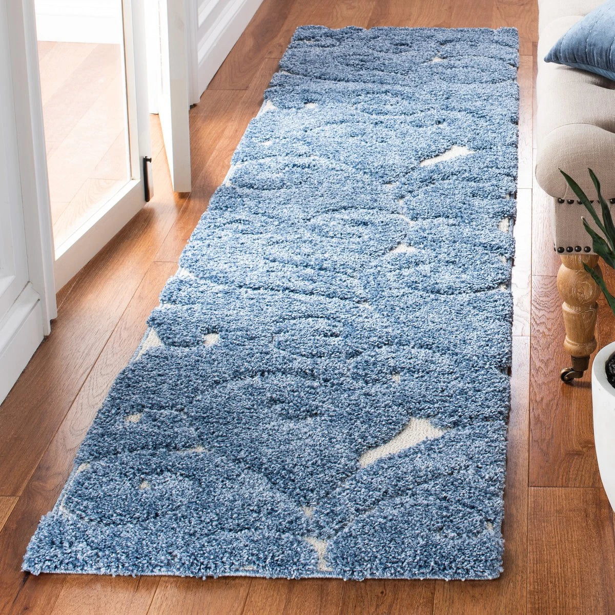 Florida Light Blue, Cream Plush Shag Rug Runner Rug - Image 6