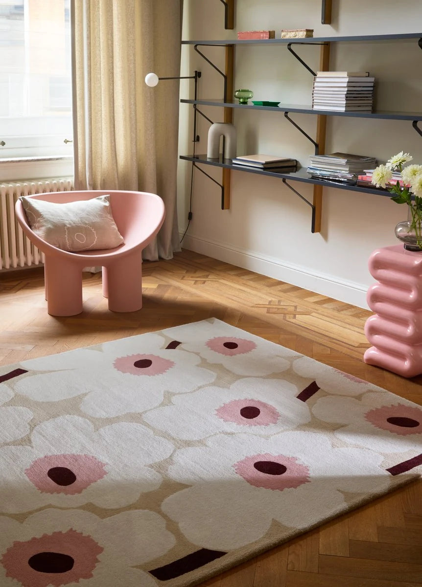 Honey Beige, Pink Floral Hand-Tufted Wool Rug - Image 1