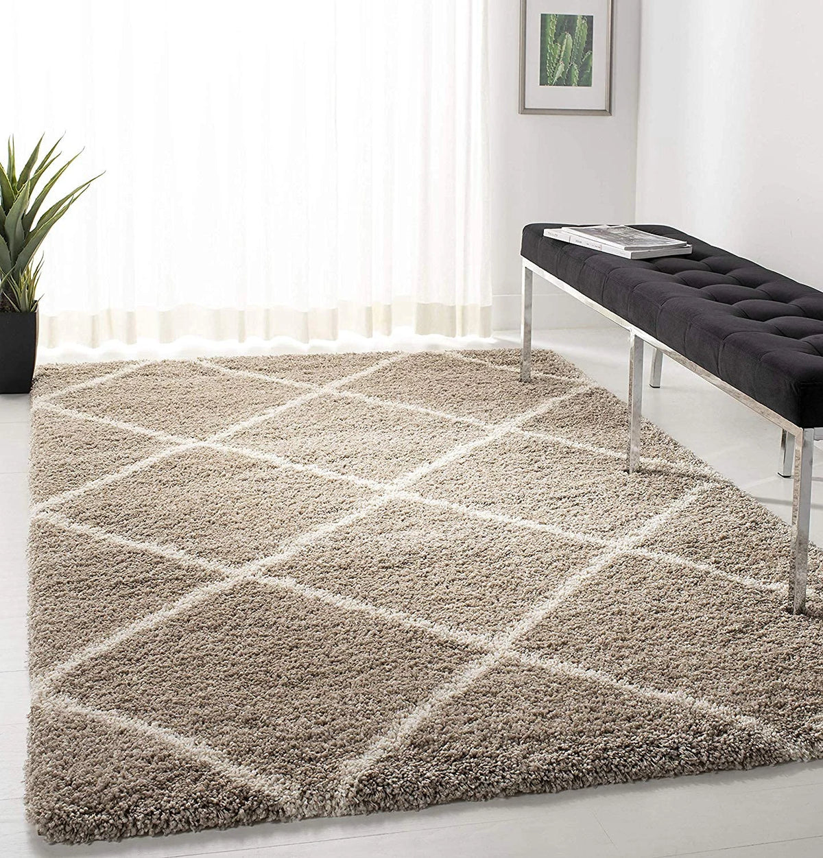 Latice BEIGE & IVORY Retro Collection Plush Shag Rug - Image 1