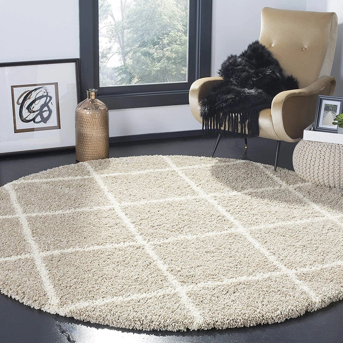 Latice BEIGE & IVORY Retro Collection Plush Shag Rug Round Rug - Image 1