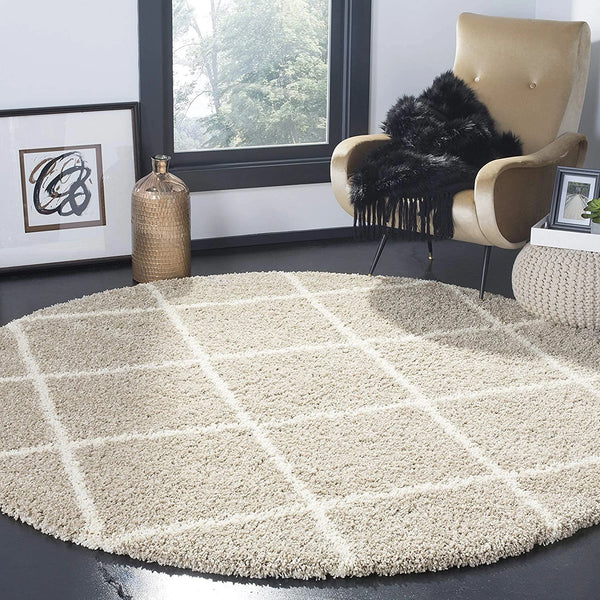 Latice BEIGE & IVORY Retro Collection Plush Shag Rug Round Rug - Image 1