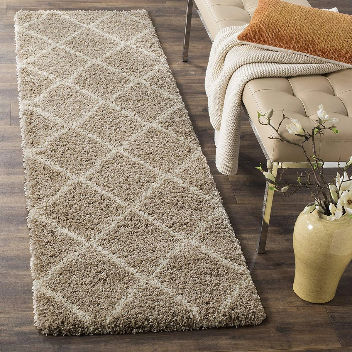 Latice BEIGE & IVORY Retro Collection Plush Shag Rug Runner Rug - Image 1