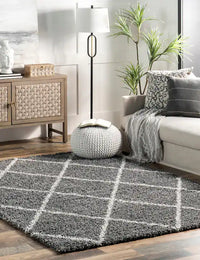 Latice Dark Grey ,Ivory Retro Collection Plush Shag Rug - Image 1
