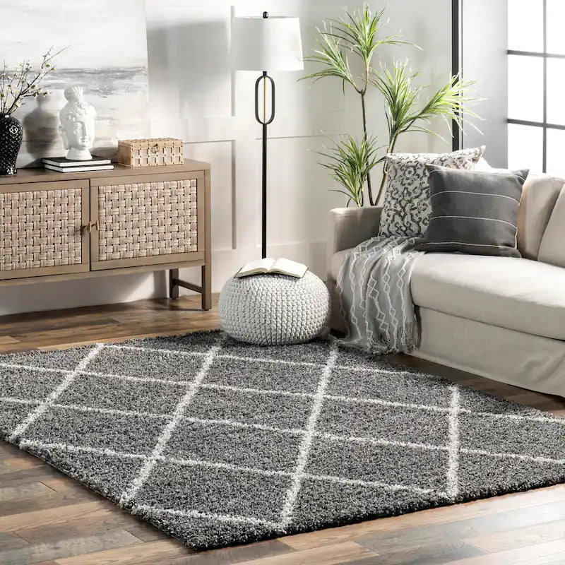 Latice Dark Grey ,Ivory Retro Collection Plush Shag Rug - Image 1
