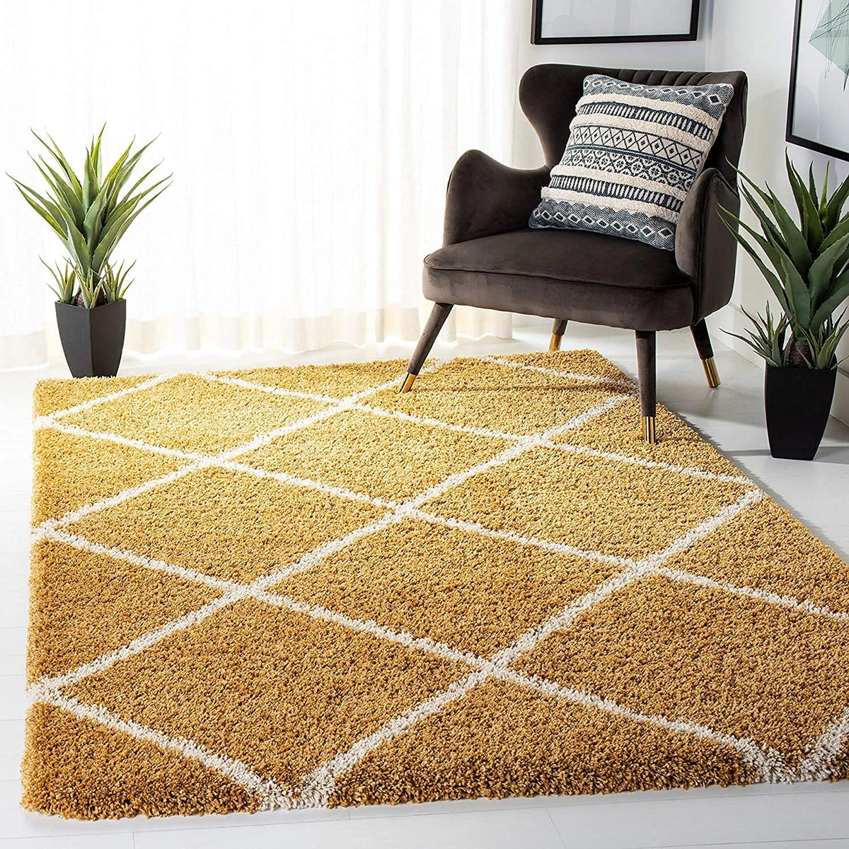 Latice GOLD & IVORY Retro Collection Plush Shag Rug - Image 6