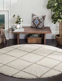 Latice IVORY & BEIGE Retro Collection Plush Shag Rug Round Rug - Image 6