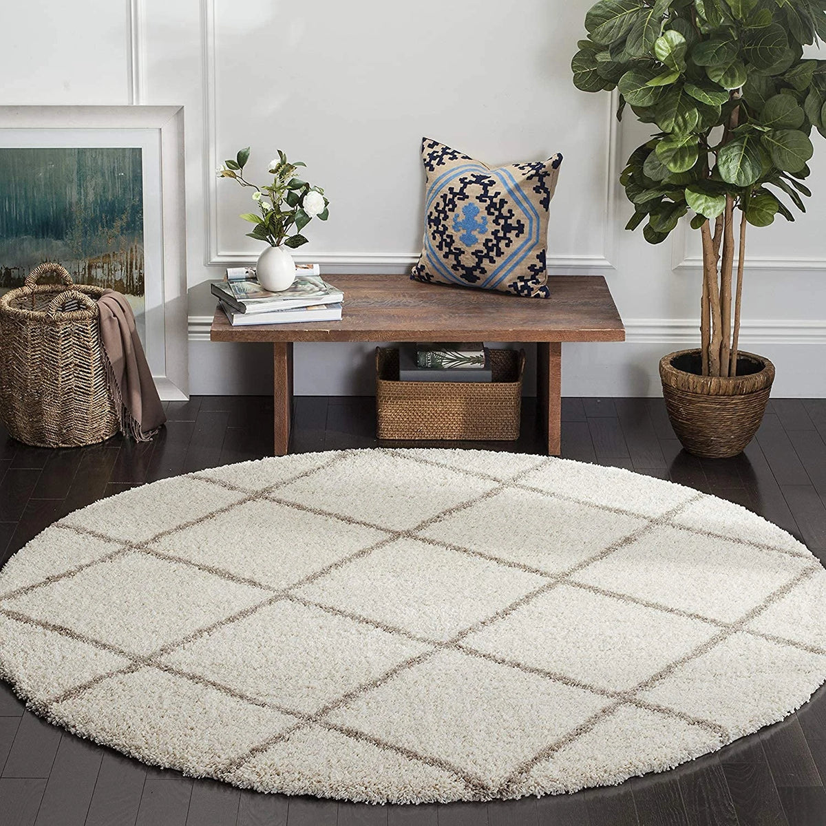 Latice IVORY & BEIGE Retro Collection Plush Shag Rug Round Rug - Image 6