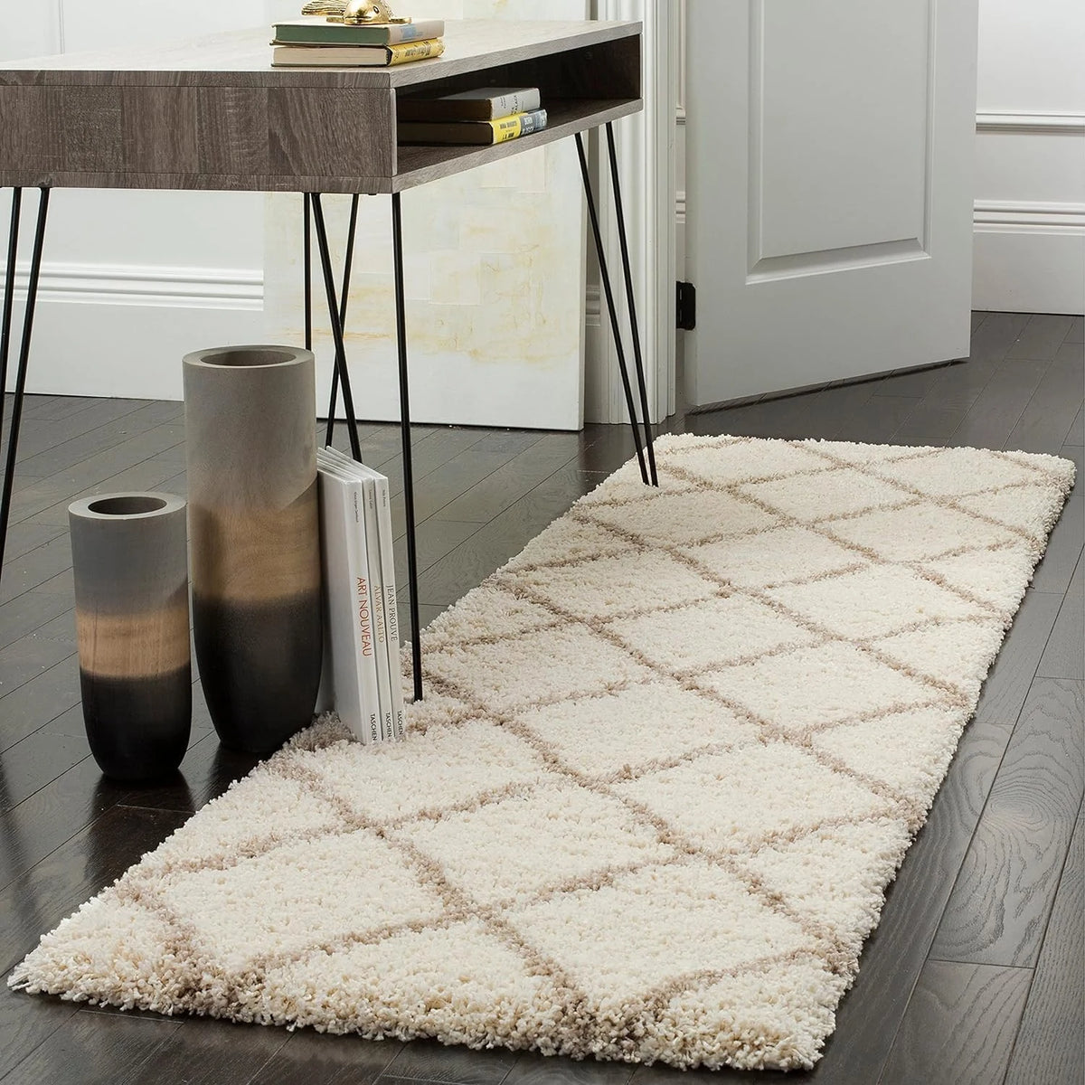 Latice IVORY & BEIGE Retro Collection Plush Shag Rug Runner Rug - Image 2
