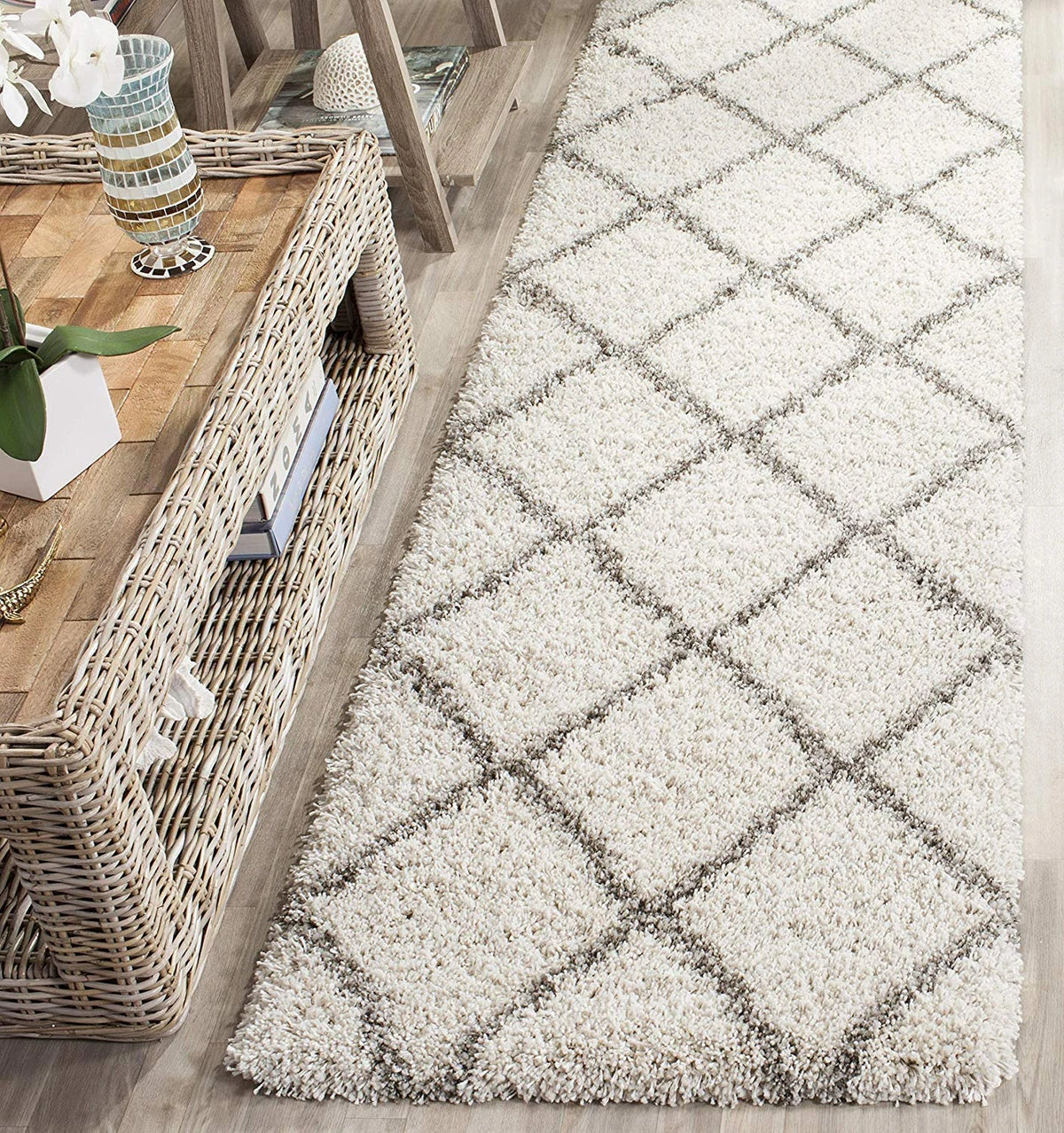 Latice IVORY & BEIGE Retro Collection Plush Shag Rug Runner Rug - Image 3