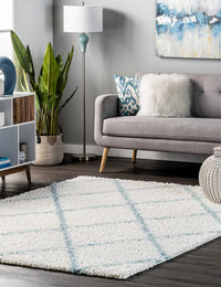 Latice Ivory Blue Retro Collection Plush Shag Rug - Image 1