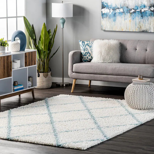 Latice Ivory Blue Retro Collection Plush Shag Rug - Image 1