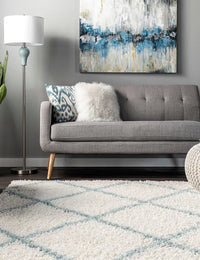 Latice Ivory Blue Retro Collection Plush Shag Rug - Image 5
