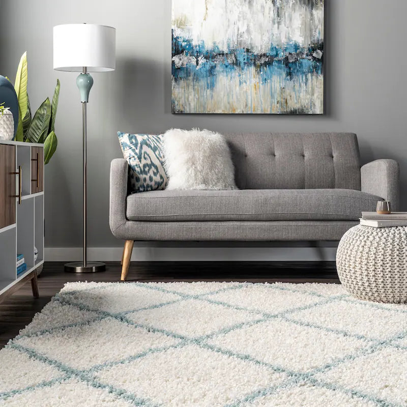 Latice Ivory Blue Retro Collection Plush Shag Rug - Image 5