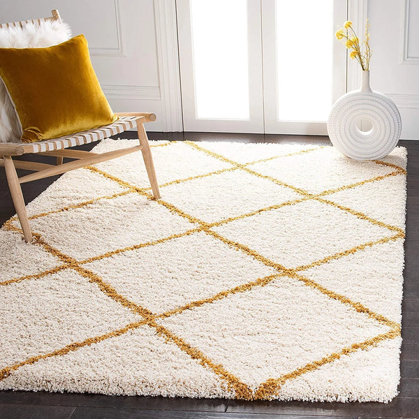 Latice IVORY & GOLD Retro Collection Plush Shag Rug - Image 1