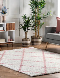 Latice Ivory Pink Retro Collection Plush Shag Rug - Image 1