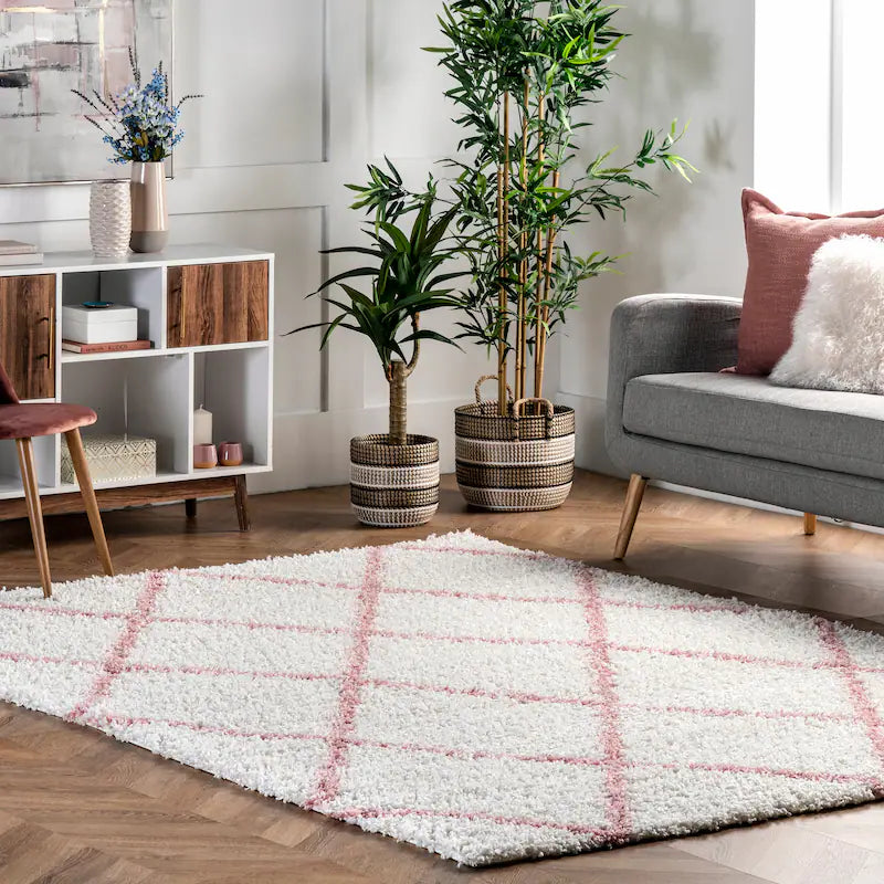 Latice Ivory Pink Retro Collection Plush Shag Rug - Image 1