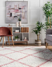 Latice Ivory Pink Retro Collection Plush Shag Rug - Image 4