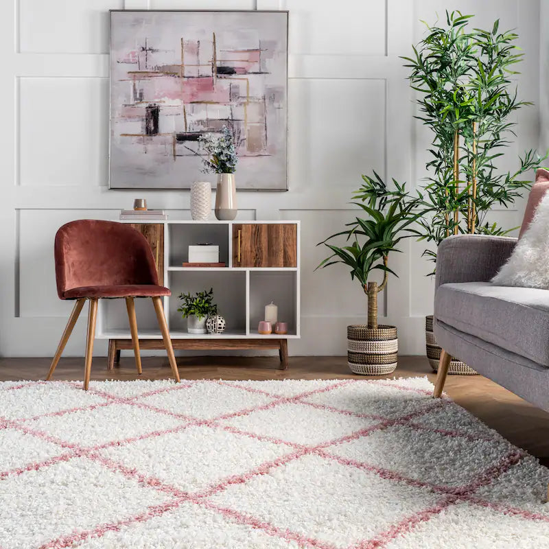 Latice Ivory Pink Retro Collection Plush Shag Rug - Image 4